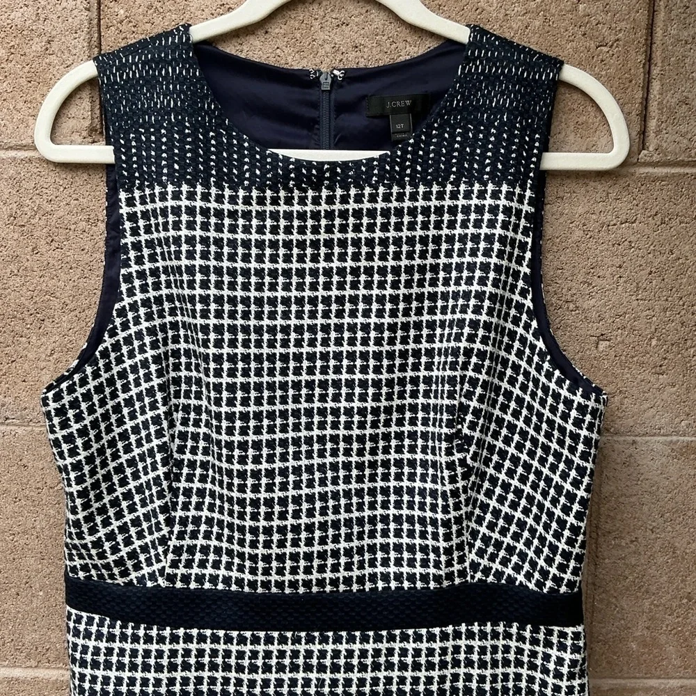 NWOT J. Crew Checkered Tweed Sheath Midi Dress Navy White Size 12T Bodycon Chic